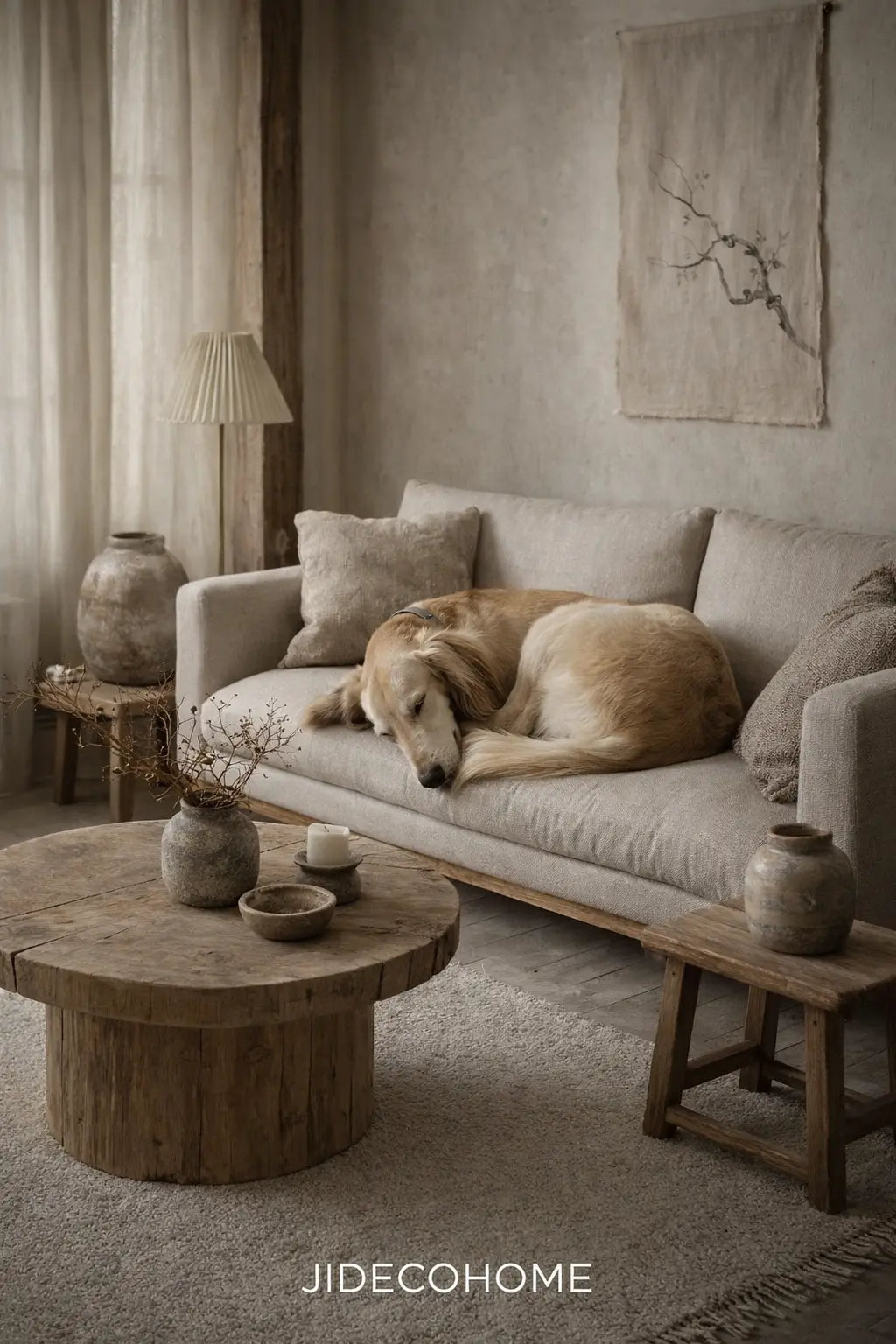 Salon chaleureux au style Wabi-Sabi avec un lévrier dormant sur un canapé en lin beige. Table basse ronde en bois massif, vases artisanaux en terre cuite et lumière naturelle douce. Ambiance zen et minimaliste avec du mobilier rustique en bois brut.
